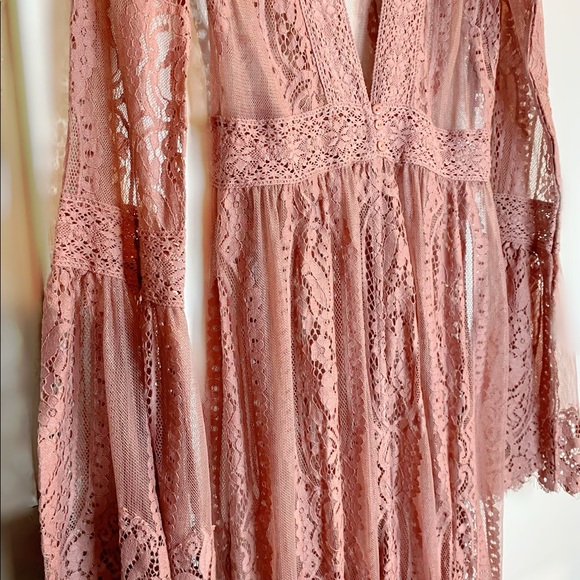 Blush Pink Lace Duster | Floor-Length Boho Kimono | Romantic Festival Chic - Picture 3 of 12